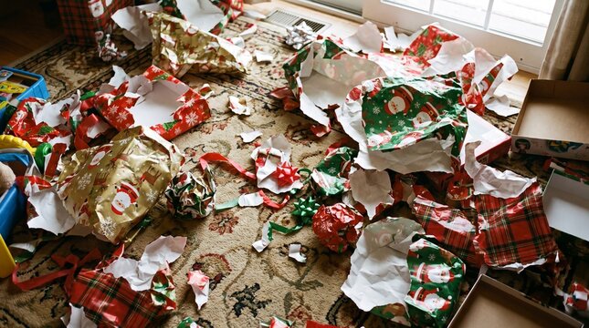 Christmas gift wrapping paper scattered across a floor after presents have been opened, with boxes and remnants of holiday joy.