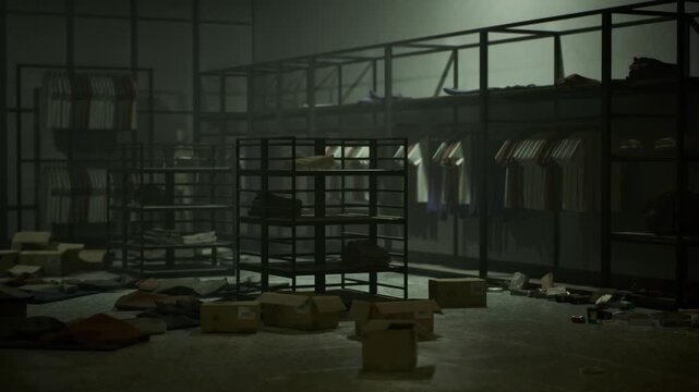 Dimly lit warehouse stockroom with scattered boxes, metal racks and hanging garments. Moody industrial atmosphere, fluorescent shadows stretching