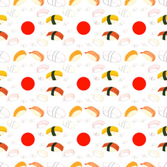Hand drawn Japanese sushi nigiri and maki rolls seamless pattern on white background © Intan