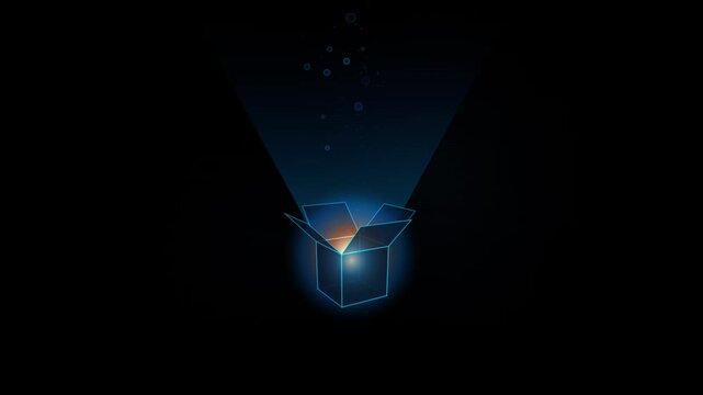 Glowing digital box hologram with floating particles, abstract technology concept for innovation and creative ideas, minimalist dark background