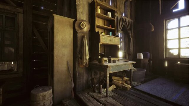 Craftsmans desk under soft window light, hand tools, nails and clamps arranged on worn wood, small stool and shelves creating focused maker environment