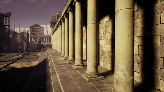 Ancient avenue framed by towering columns, long perspective down colonnaded street with warm dusk tones, empty urban ruins suggesting history, travel