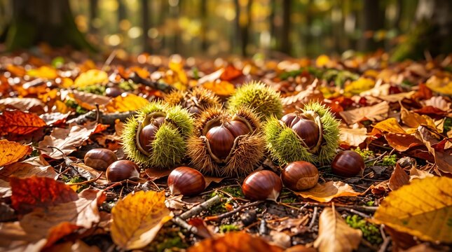Fallen chestnuts on forest floor, Chestnuts in spiky shells on forest floor with autumn leaves