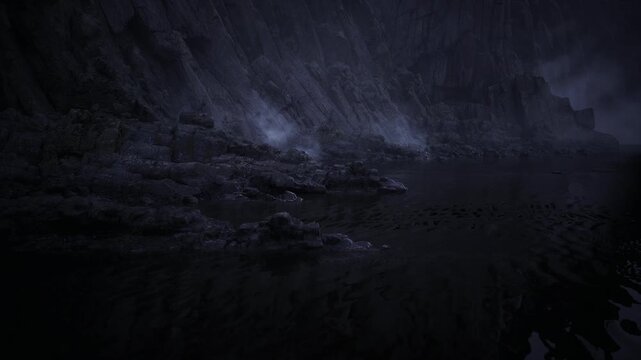 Moonlit rocky shore reflective water under starry sky, tranquil nocturnal landscape with smooth ripples and scattered pebbles, faint mist hugging dark bank,