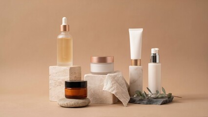 Cosmetic Products Arrangement with Amber Glass Bottles, Cream Tubes, and Jars Featuring Cosmetics, Skincare © Vectune