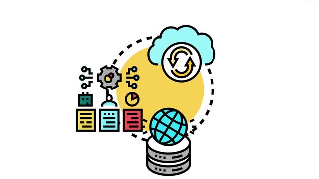 Master data platform management conceptual visualizing data integration, processing, and storage within a connected cloud computing environment for efficient administration