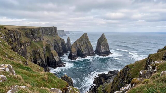 Dramatic Cliffs of Moher Sea Stacks and Crashing Waves on the Irish Coast