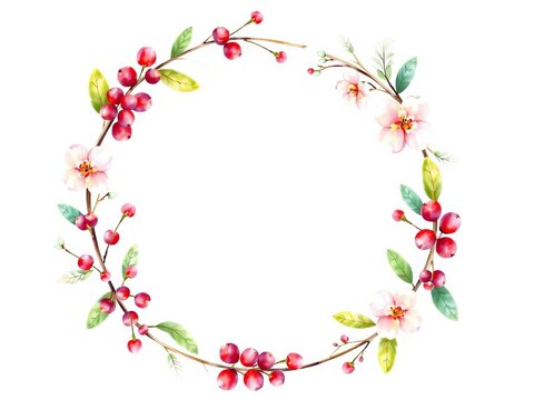 Delicate watercolor floral wreath with hand-drawn foliage and berries, wreaths, flowers