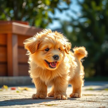 Fluffy golden fur glistens in sunlight as puppy wags tail with excitement, innocent, ||golden retriever