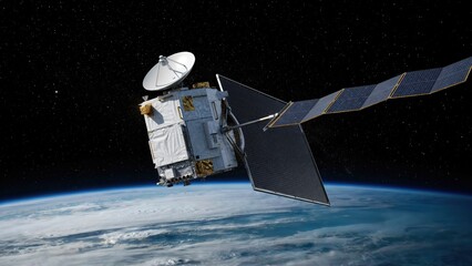 Satellite Orbiting Earth, a Technological Illustration. Space Exploration Concept, Communication Technology © Vectune
