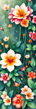 Watercolor illustration of blooming flowers surrounded by lush greenery, vector, greenery