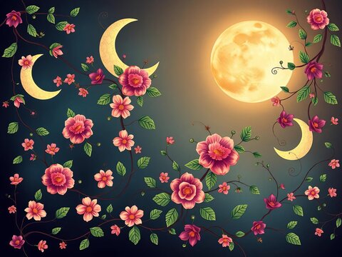 Whimsical floral vines entwined with crescent moons, ||floral patterns, whimsical design