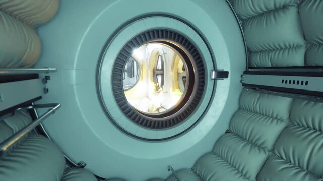 Padded capsule interior with portal revealing bright module, concentric insulation layers and rounded hatch, soft textile cushions lining walls, engineered