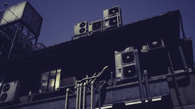 Utility infrastructure and piping at twilight, service access elements and ventilation ducts create layered composition, maintenance crew narrative implied,