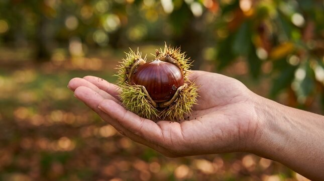 Hand holding freshly picked chestnut in spiky shell outdoors in autumn forest  