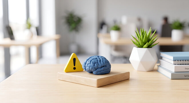 Mental health warning concept showing anatomical brain model beside yellow hazard sign indicating cognitive stress and psychological risk. Concept of AI psychological.
