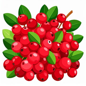 A vibrant illustration depicts a cluster of ripe red cranberries with bright green leaves.
