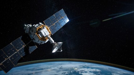Satellite Orbiting Earth, a Detailed Illustration of Space Exploration and Communication Technology © Vectune