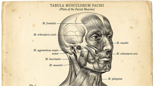 Vintage Anatomical Diagram of Human Facial and Head Musculature with Detailed Latin Labels
