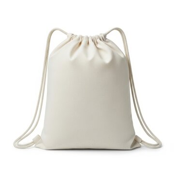 White drawstring laundry bag with green tag