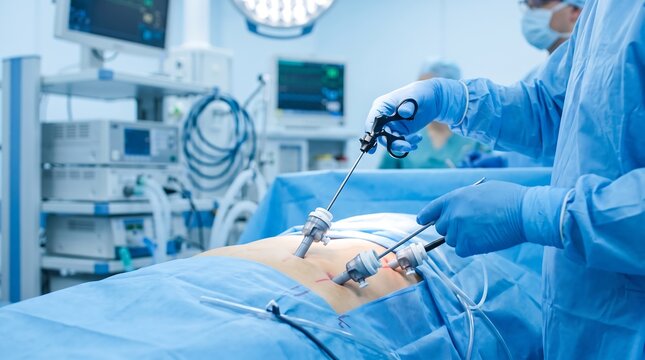 Surgeons performing a laparoscopic procedure in a modern operating room