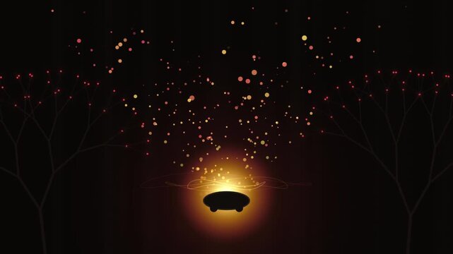 Magical glowing cauldron with floating particles and enchanted forest silhouette background, fantasy