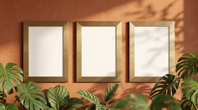 Boho 16:9 landscape mockup: 3 wall-mounted thick gold frames on terracotta plaster wall. Centered close-up with lush bottom foliage and top-right dappled shadow for artwork poster display.