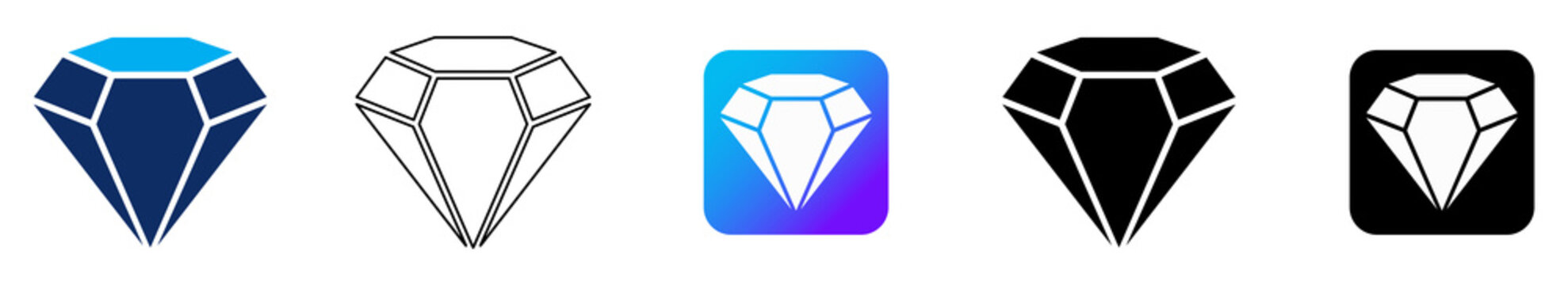 Diamond Gemstone Icon Set with Blue Fill, Black Outline, Blue Gradient Square White Fill, Black Fill, Black Rounded Square White Fill Variations Collection 5 Styles Isolated on Transparent Background