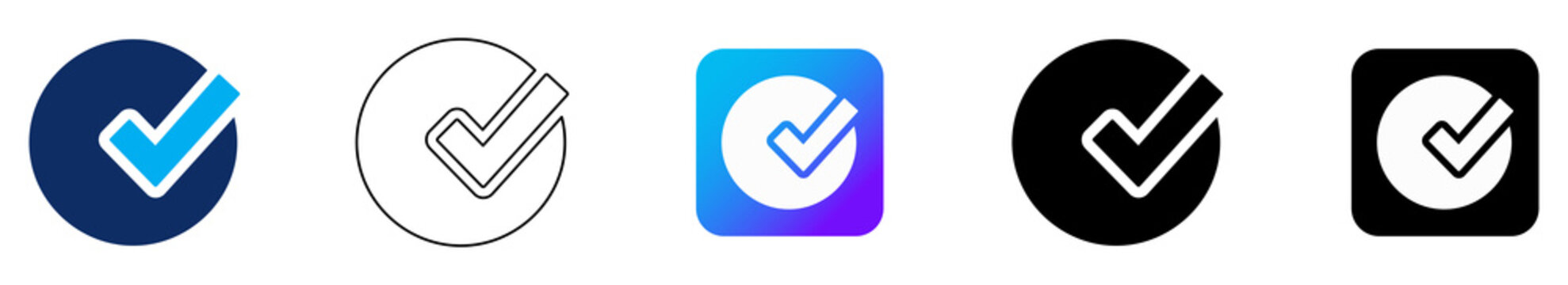 Check Mark Verification Icon Set with Blue Fill, Black Outline, Blue Gradient Square White Fill, Black Fill, Black Rounded Square White Fill Variations Collection 5 Styles