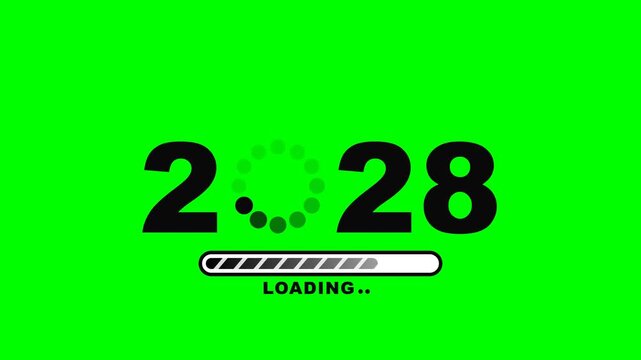 Flat vector 2028 loading screen like the reference on solid chroma green background with no shadows: huge black bold digits 2 2 8 where the zero is replaced by a circular spinner of twelve dots, all g