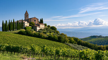 Naklejka premium Hilltop village with a historic church surrounded by vineyards, cypress trees and rolling countryside, southern European landscape, cultural heritage, tourism, panoramic view,