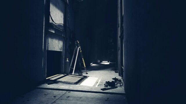 Dim industrial corridor with metal ladder. Sunbeam slicing through dusty air, scattered tiles and tools, worn floor, silent atmosphere of halted renovation