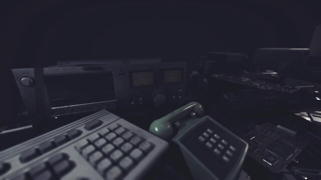 Night cockpit control panel with instruments, dim keyboards and illuminated monitor, distant city lights through windshield, moody lowlight atmosphere