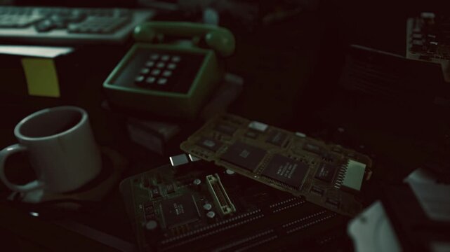 Low lit desk with memory modules, mug and rotary telephone nearby, atmospheric film noir lighting, evidencelike arrangement suggesting forensic analysis