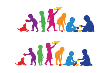 Fototapeta premium Colorful silhouettes of many happy children playing with building blocks toy airplanes and a friendly pet dog