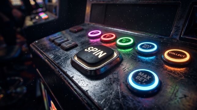 Close Up View of Glowing Illuminated Buttons on a Modern Electronic Gambling Slot Machine