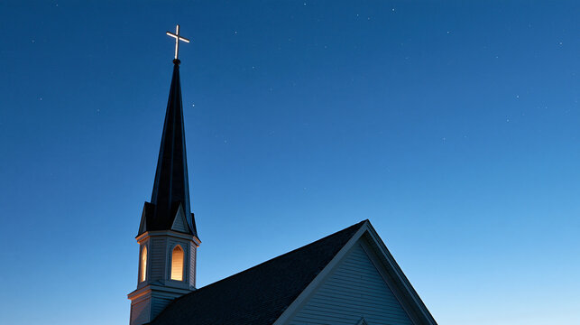 Church steeple silhouetted against a starry evening sky, quiet town landscape, Christian architecture, spiritual symbolism, night photography, peaceful atmosphere, with copy space