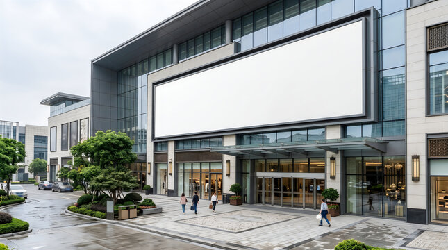 A large blank billboard mockup displayed on the modern glass facade of a city shopping mall exterior