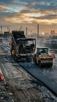Road paver and steamroller working on city street reconstruction project. Heavy machinery laying hot asphalt on highway during sunrise. Civil engineering infrastructure development site.