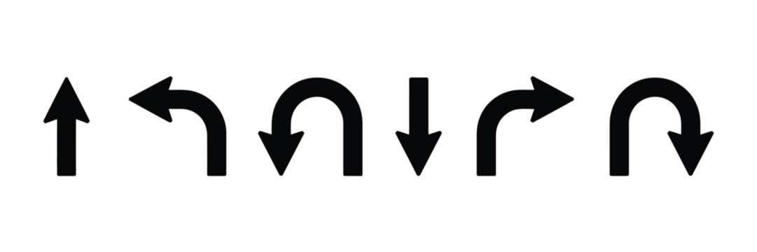 Direction icon set featuring U-turn arrows, straight ahead symbols, one-way signs, left and right arrows, navigation guidance, road movement, and route indicators.