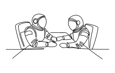 Two astronauts sitting at a table having a business meeting drawn in a continuous single line art style © Bobita