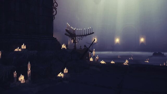 Candlelit gothic interior with menorah and scattered candles, foggy atmosphere, stone steps leading to ornate altar, warm amber glow, silent memorial mood