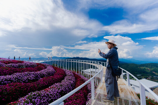 Side profile of Asian male tourist in hat looking at mountain view on skywalk near flower garden