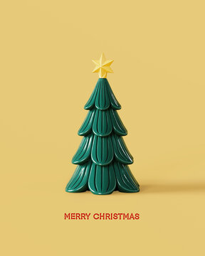 Cute small Christmas tree with golden star on top and Merry Christmas text on yellow background. Christmas greeting card design. 3D Rendering, 3D Illustration