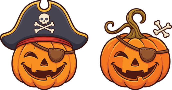 Two whimsical pirate jack o lanterns with eye patches and pirate hats