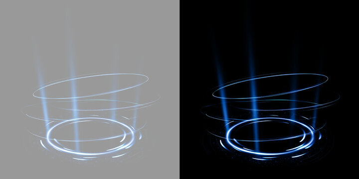 Futuristic blue glowing circular portal with neon light rings. Sci-fi hologram podium and teleport effect isolated on transparent and black background