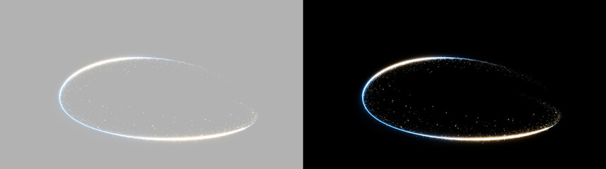 Glowing golden and blue light ring with particle sparkles. Elliptical magic energy swirl and neon trail. VFX element isolated on transparent and black background © Маша ОМЕЛЬЧЕНКО