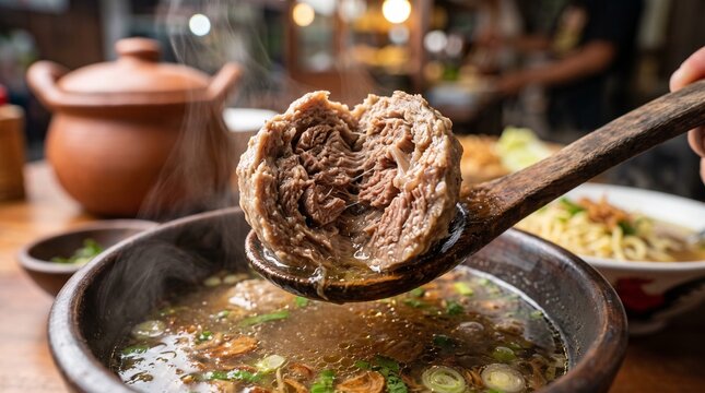 Large tender beef meatball held on wooden spoon over steaming hot bakso soup bowl depicting rich texture