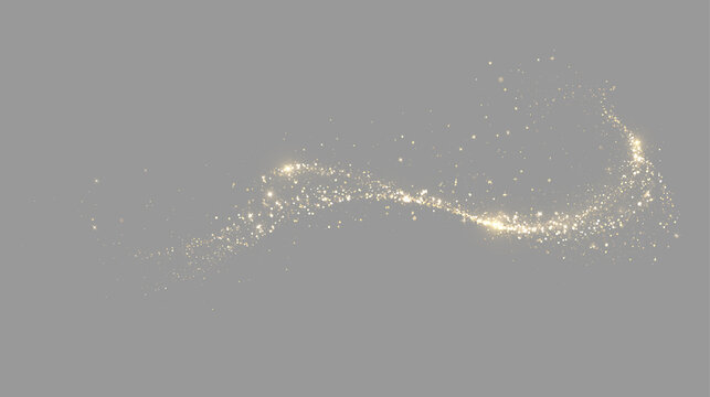 Golden glitter dust wave with glowing sparkles and stardust. Magic light shimmer trail on transparent background. Decorative festive overlay design