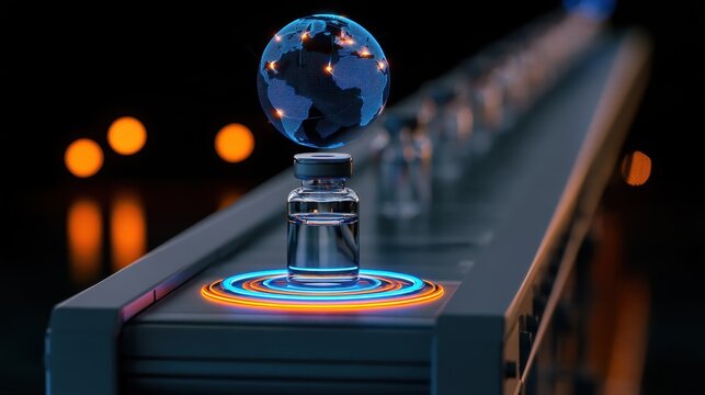 Vaccine vial on a digital conveyor belt with a glowing holographic globe for global supply.